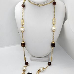 Gold Tone Faux Amber And Pearl Necklace